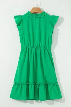 New Dear-Lover Split V Neck Elastic Waist Ruffled Dress Bright Green