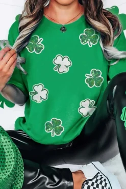 New Dear-Lover St Patricks Sequined Clover Pattern T Shirt Bright Green