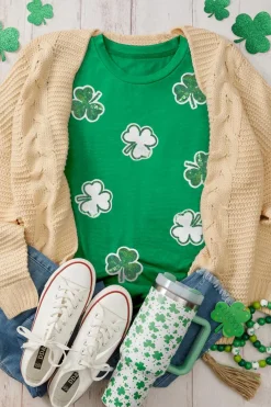 New Dear-Lover St Patricks Sequined Clover Pattern T Shirt Bright Green