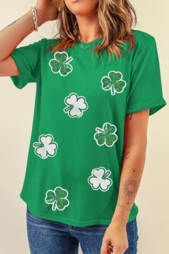 New Dear-Lover St Patricks Sequined Clover Pattern T Shirt Bright Green