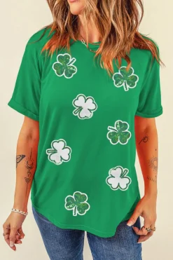 New Dear-Lover St Patricks Sequined Clover Pattern T Shirt Bright Green