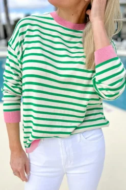 Online Dear-Lover Striped Contrast Edge Long Sleeve Top Bright Green