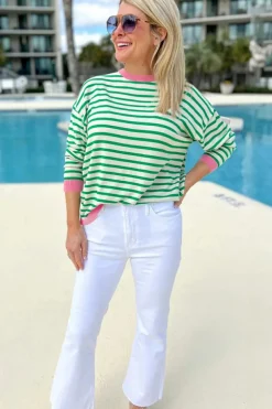 Online Dear-Lover Striped Contrast Edge Long Sleeve Top Bright Green
