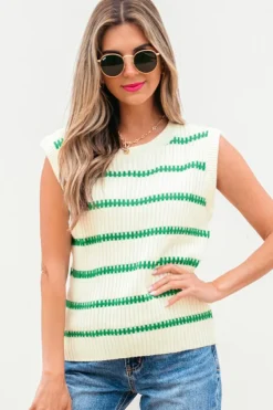 Sale Dear-Lover Striped Round Neck Casual Sweater Vest Bright Green