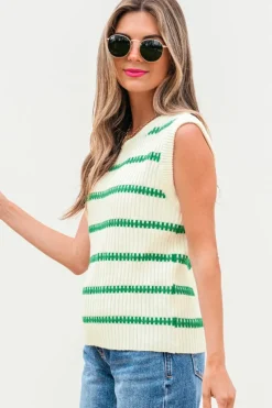 Sale Dear-Lover Striped Round Neck Casual Sweater Vest Bright Green