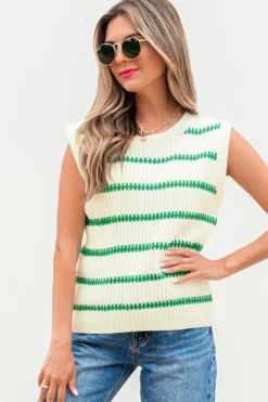 Sale Dear-Lover Striped Round Neck Casual Sweater Vest Bright Green
