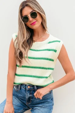 Sale Dear-Lover Striped Round Neck Casual Sweater Vest Bright Green