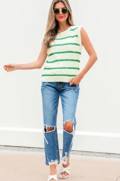 Sale Dear-Lover Striped Round Neck Casual Sweater Vest Bright Green