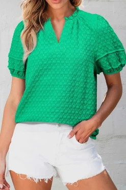 Hot Dear-Lover Textured Puff Short Sleeve Notched V Neck Top Bright Green