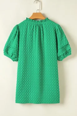 Hot Dear-Lover Textured Puff Short Sleeve Notched V Neck Top Bright Green