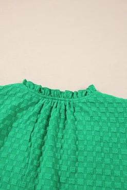 Hot Dear-Lover Textured Puff Short Sleeve Notched V Neck Top Bright Green
