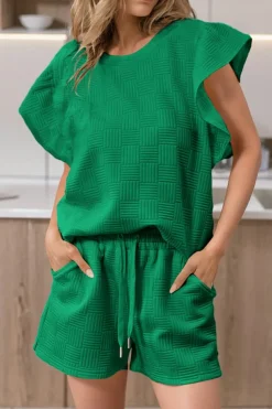 New Dear-Lover Textured Ruffled Sleeve Tee and Drawstring Shorts Set Bright Green