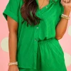 Fashion Dear-Lover Textured Short Sleeve Shirt and Shorts Set Bright Green
