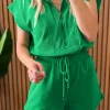 Hot Dear-Lover Textured Short Sleeve Half Zip Drawstring Waist Romper Bright Green