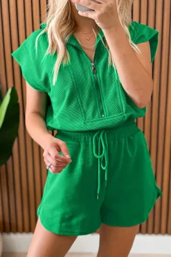 Hot Dear-Lover Textured Short Sleeve Half Zip Drawstring Waist Romper Bright Green