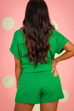 Fashion Dear-Lover Textured Short Sleeve Shirt and Shorts Set Bright Green