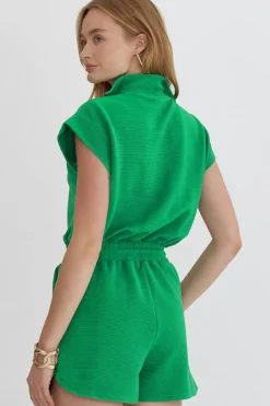 Hot Dear-Lover Textured Short Sleeve Half Zip Drawstring Waist Romper Bright Green