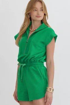 Hot Dear-Lover Textured Short Sleeve Half Zip Drawstring Waist Romper Bright Green