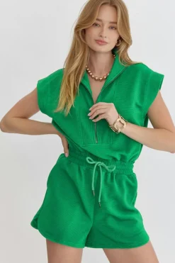 Hot Dear-Lover Textured Short Sleeve Half Zip Drawstring Waist Romper Bright Green