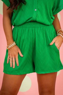 Fashion Dear-Lover Textured Short Sleeve Shirt and Shorts Set Bright Green