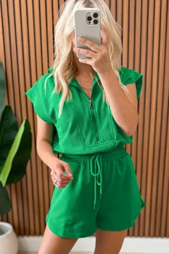 Hot Dear-Lover Textured Short Sleeve Half Zip Drawstring Waist Romper Bright Green