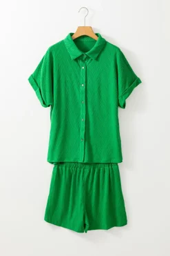 Fashion Dear-Lover Textured Short Sleeve Shirt and Shorts Set Bright Green