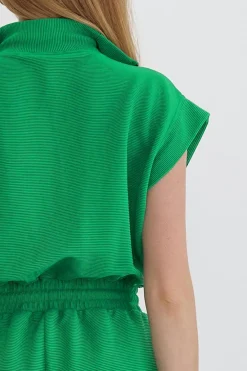 Hot Dear-Lover Textured Short Sleeve Half Zip Drawstring Waist Romper Bright Green