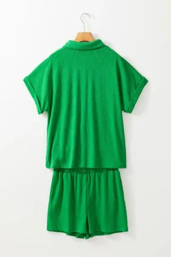 Fashion Dear-Lover Textured Short Sleeve Shirt and Shorts Set Bright Green