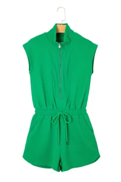 Hot Dear-Lover Textured Short Sleeve Half Zip Drawstring Waist Romper Bright Green