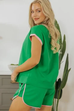 Best Dear-Lover Two Tone Contrast Textured Crewneck Tee and Shorts Set Bright Green