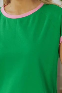 Best Dear-Lover Two Tone Contrast Textured Crewneck Tee and Shorts Set Bright Green