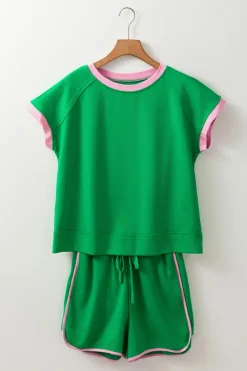 Best Dear-Lover Two Tone Contrast Textured Crewneck Tee and Shorts Set Bright Green