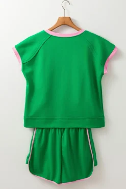 Best Dear-Lover Two Tone Contrast Textured Crewneck Tee and Shorts Set Bright Green