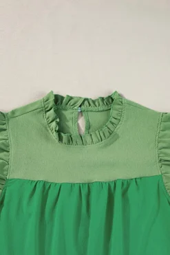 Best Dear-Lover Two Tone Ruffled Flutter Sleeve Blouse Bright Green