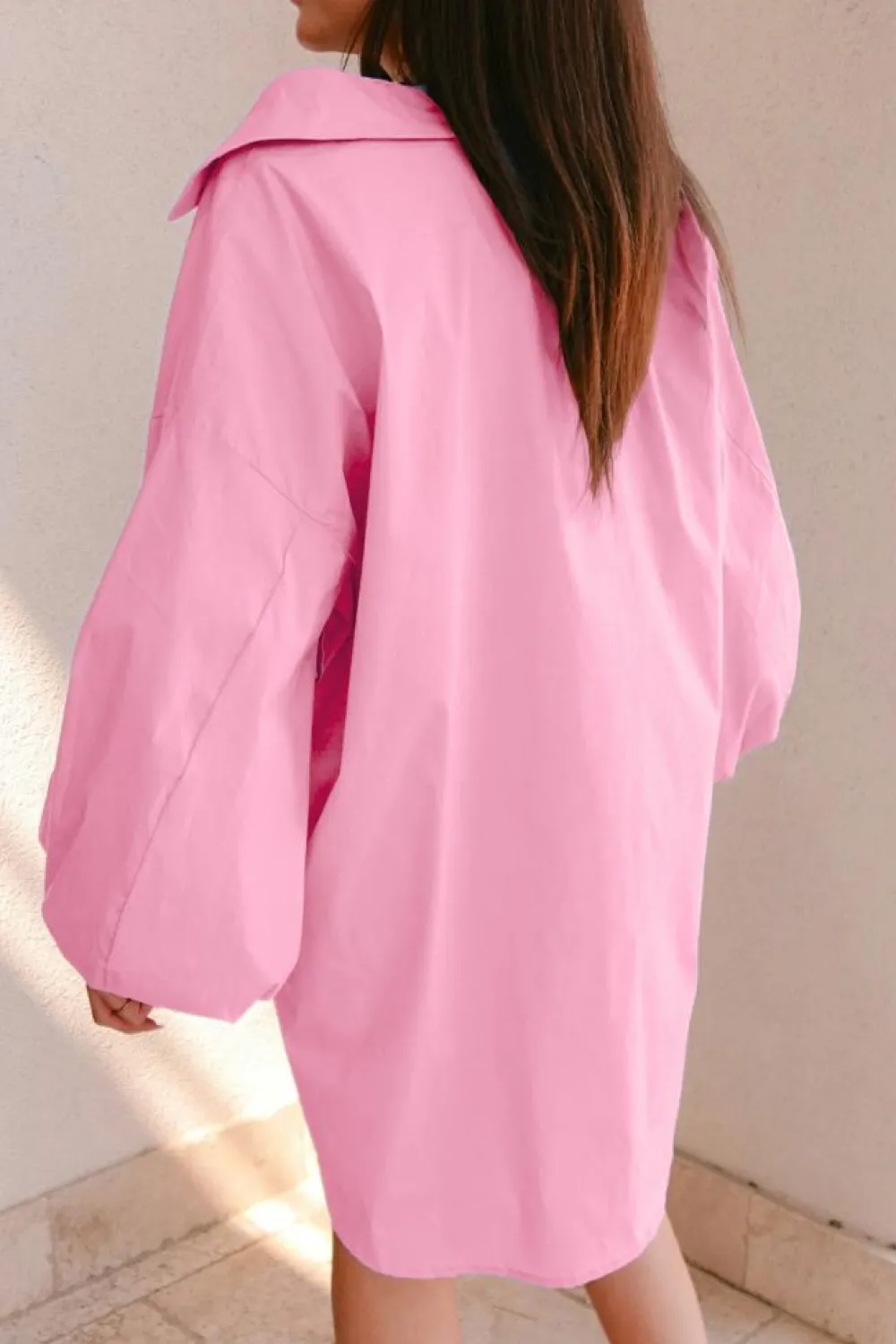 Sale Dear-Lover Balloon Sleeve Button Up Mini Shirt Dress Bright Pink
