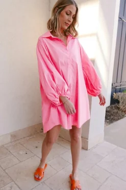 Sale Dear-Lover Balloon Sleeve Button Up Mini Shirt Dress Bright Pink
