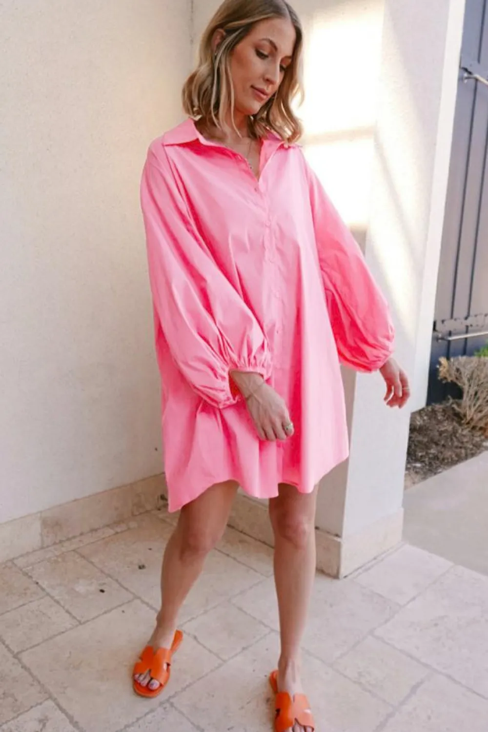 Sale Dear-Lover Balloon Sleeve Button Up Mini Shirt Dress Bright Pink