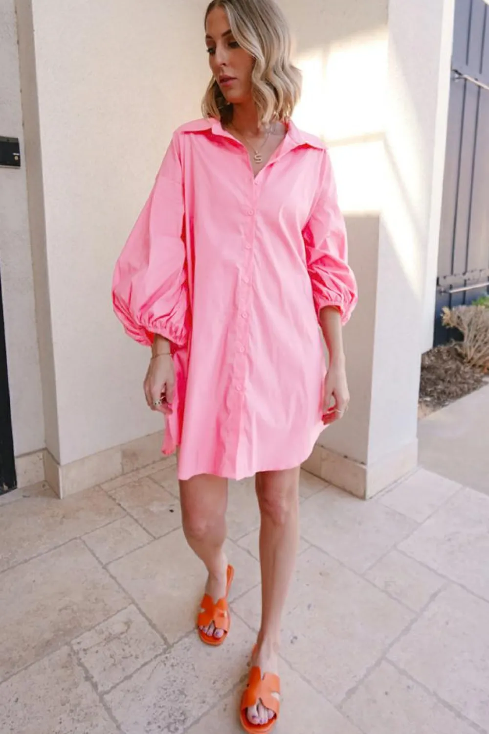 Sale Dear-Lover Balloon Sleeve Button Up Mini Shirt Dress Bright Pink