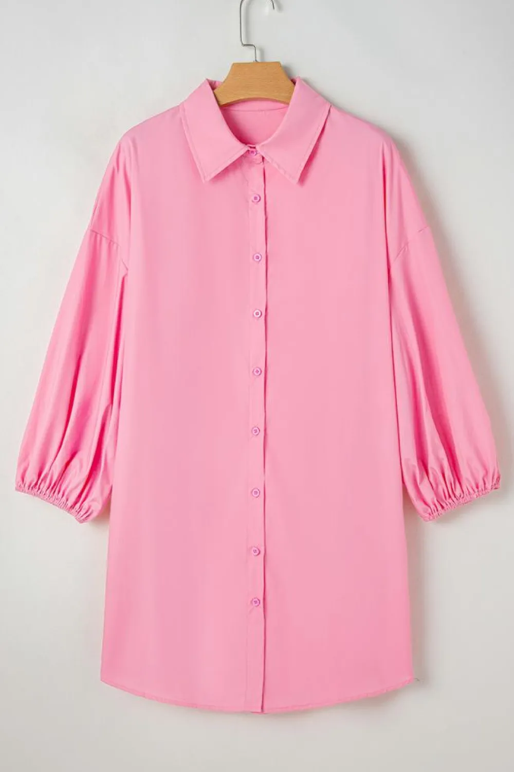 Sale Dear-Lover Balloon Sleeve Button Up Mini Shirt Dress Bright Pink