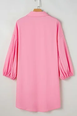 Sale Dear-Lover Balloon Sleeve Button Up Mini Shirt Dress Bright Pink