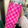 Fashion Dear-Lover Bow Knot Checkered Print Large Stainless Steel Tumbler Bright Pink