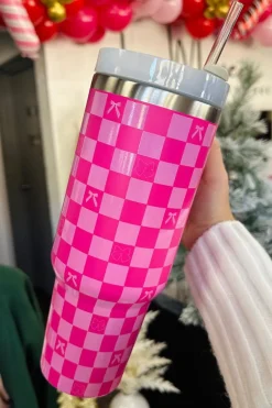 Fashion Dear-Lover Bow Knot Checkered Print Large Stainless Steel Tumbler Bright Pink