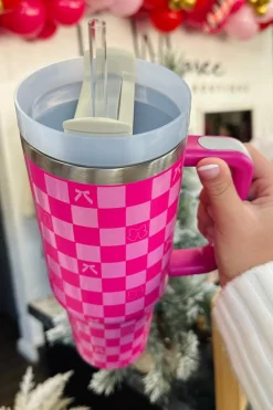 Fashion Dear-Lover Bow Knot Checkered Print Large Stainless Steel Tumbler Bright Pink