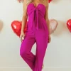 Best Dear-Lover Bowknot Strapless Wide Leg Jumpsuit Bright Pink