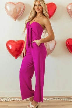 Best Dear-Lover Bowknot Strapless Wide Leg Jumpsuit Bright Pink