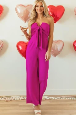 Best Dear-Lover Bowknot Strapless Wide Leg Jumpsuit Bright Pink