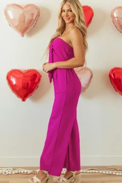 Best Dear-Lover Bowknot Strapless Wide Leg Jumpsuit Bright Pink