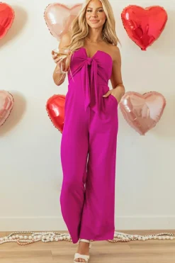 Best Dear-Lover Bowknot Strapless Wide Leg Jumpsuit Bright Pink