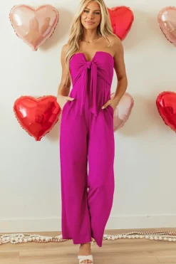 Best Dear-Lover Bowknot Strapless Wide Leg Jumpsuit Bright Pink