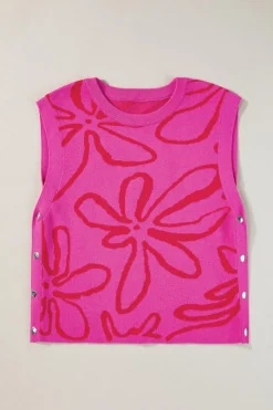 Best Dear-Lover Button Sides Sleeveless Floral Knitted Top Bright Pink
